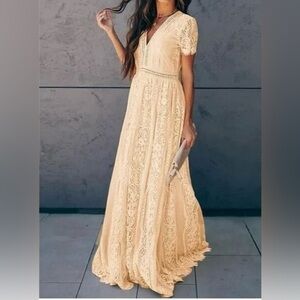 Cottagecore ‎ Boho Blencot Lace Maxi Dress  Sz Xl Peach  V-neck Coastal Cowboy